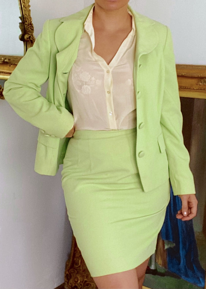 
            
                Load image into Gallery viewer, Bright Pea Green Skirt Suit Set
            
        