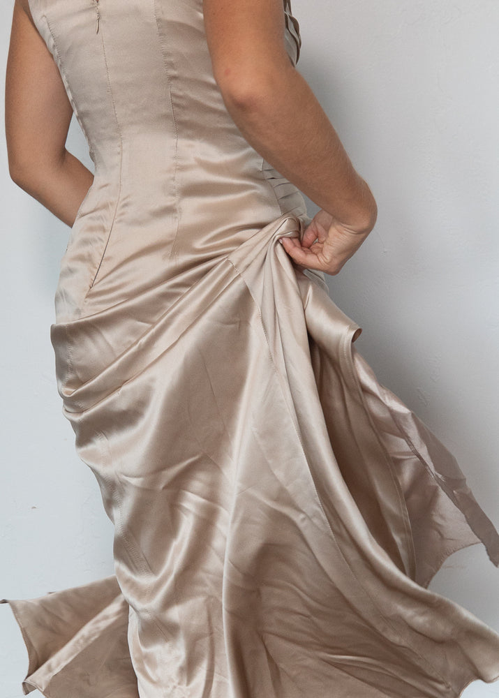 
            
                Load image into Gallery viewer, Champagne Silk High Slit Dress
            
        