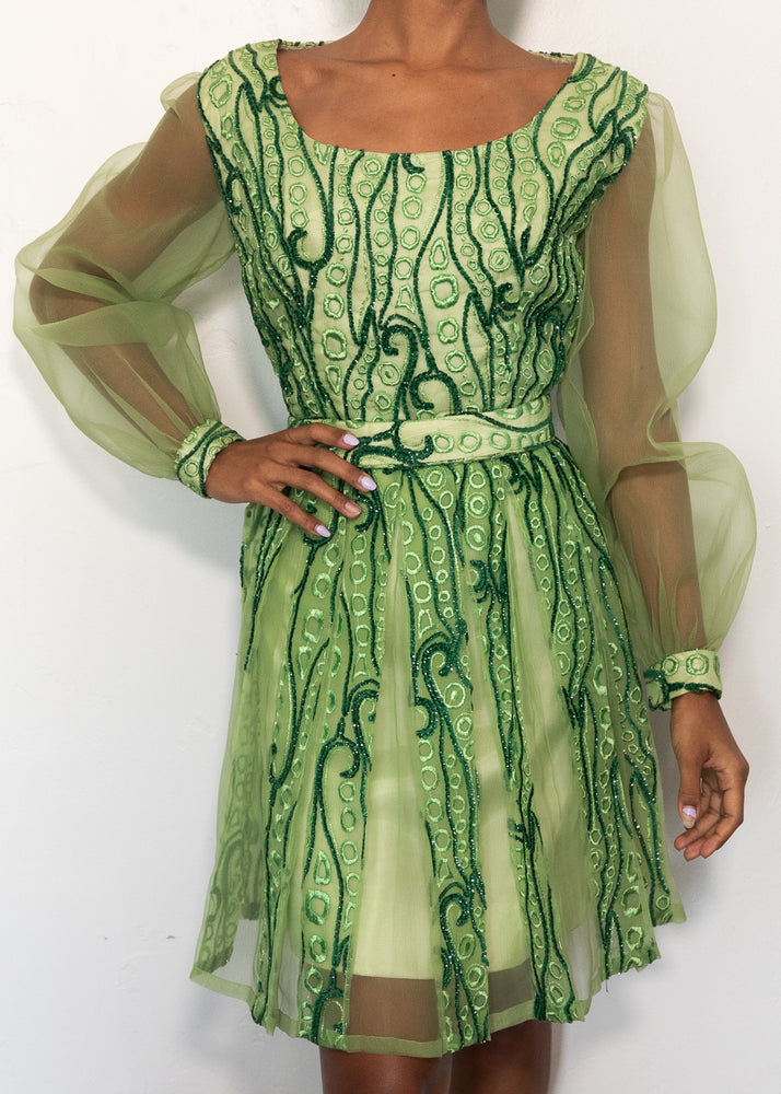 
            
                Load image into Gallery viewer, Green Embroidered Silk and Organza Dress
            
        